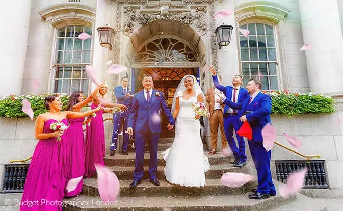 Bride and groom on steps